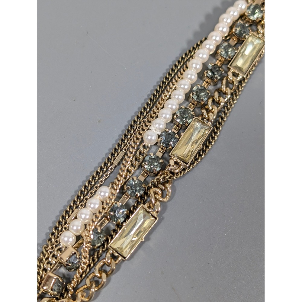 BCBGeneration Multi Chain Toggle Bracelet Gold Tone Rhinestone Faux Pearl NWT 8"